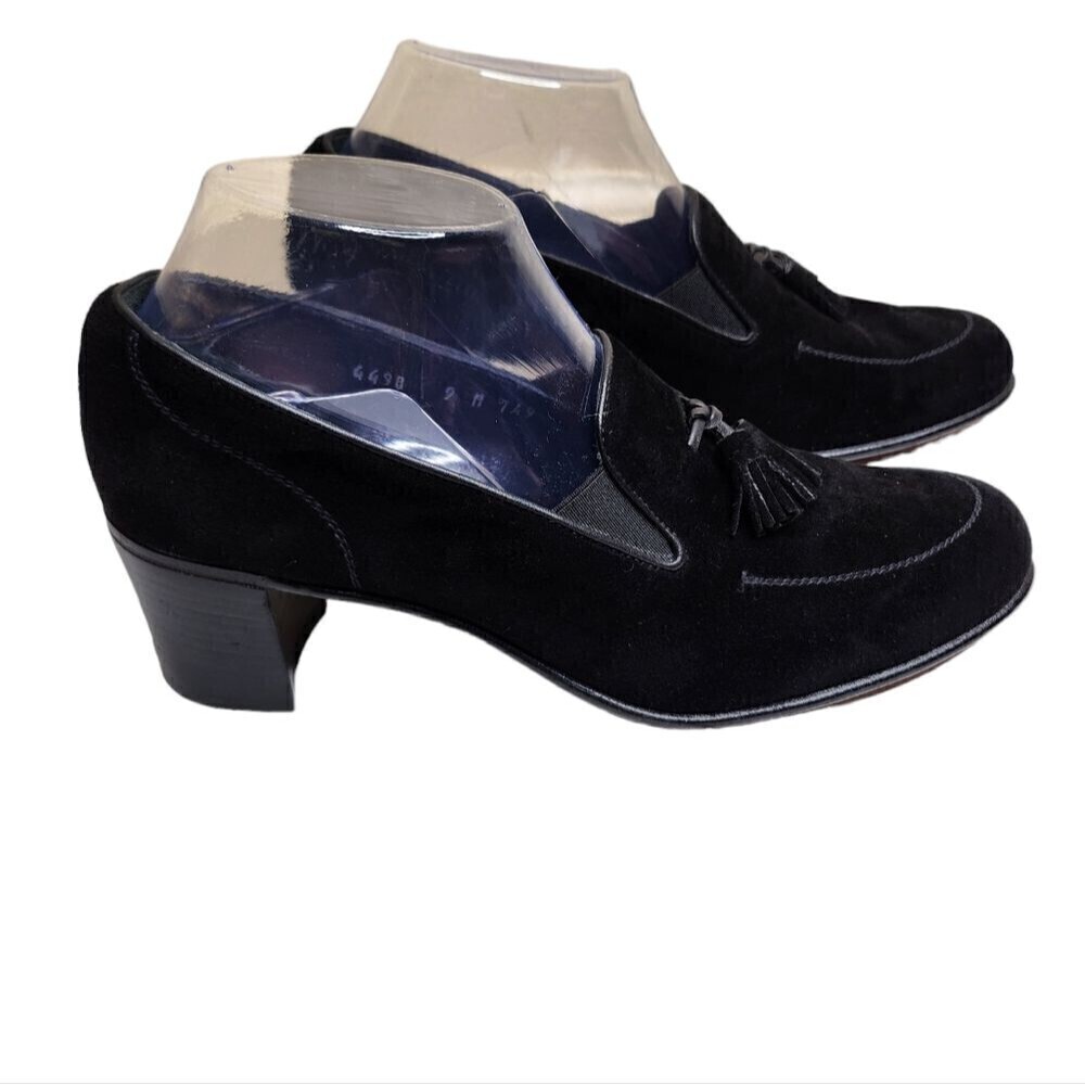 Gravati women's black suede leather tasseled block heel office oxfords Size 9M